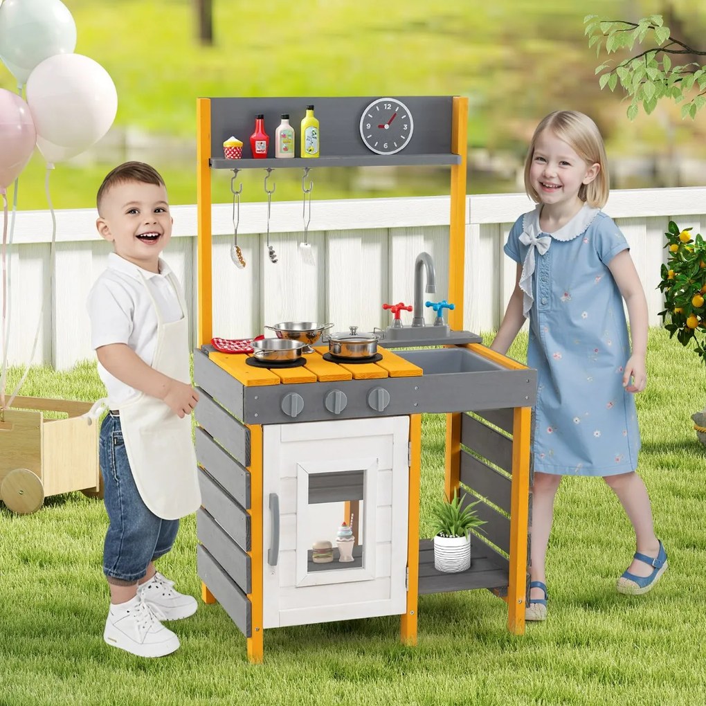 Costway Cucina giocattolo per bambini con fornelli e ganci appesi e mensole portaoggetti, Giocattolo in legno per bambini 3+ Grigio