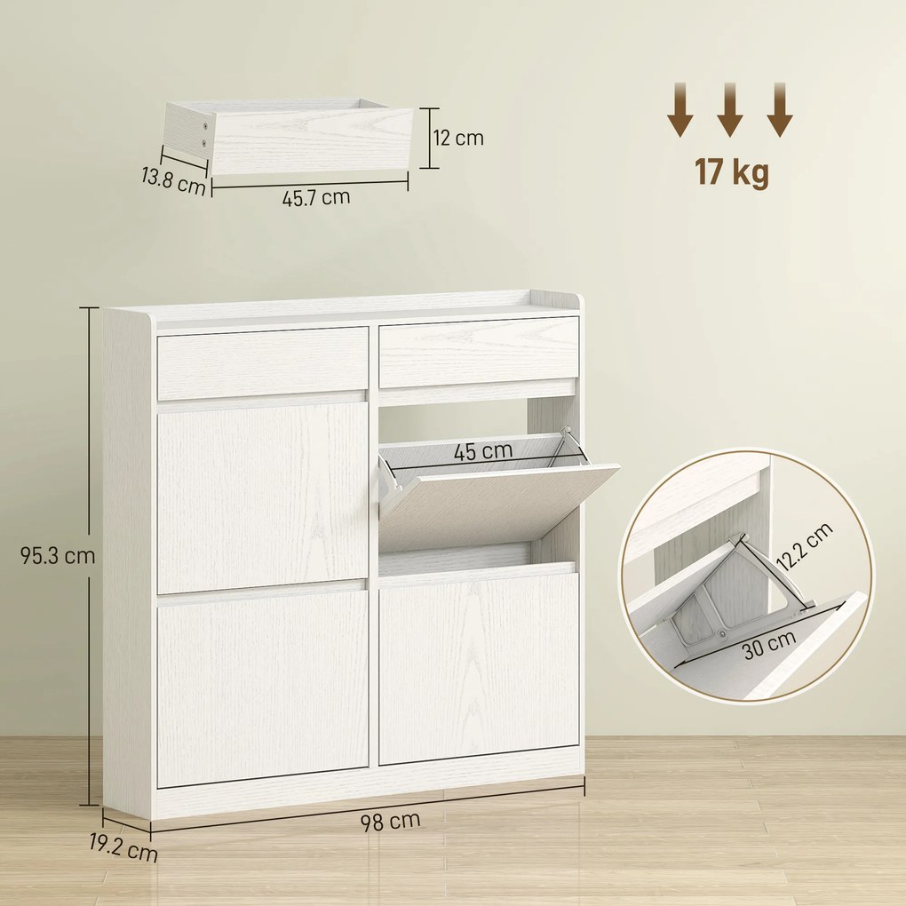 Scarpiera Slim 98x19,2x95,3 cm con 4 Ante a Ribalta e 2 Cassetti in Legno Bianco...