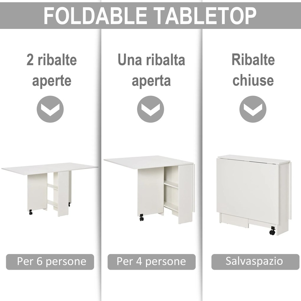 Tavolo Pieghevole Salvaspazio in Legno Bianco con Ruote...