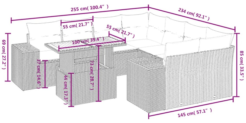 Set divani da giardino 9 pz con cuscini nero in polyrattan