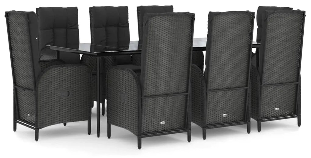 Set da pranzo da giardino 9 pz con cuscini nero in polyrattan