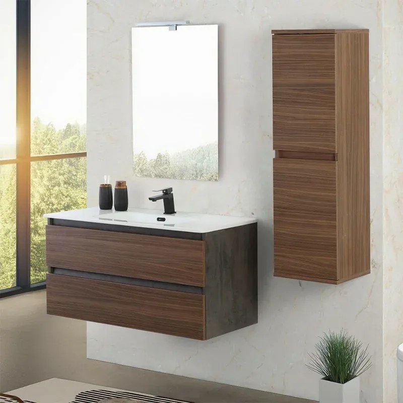 Mobile bagno sospeso 100 cm ossido e noce con cassetti soft-close Kleo