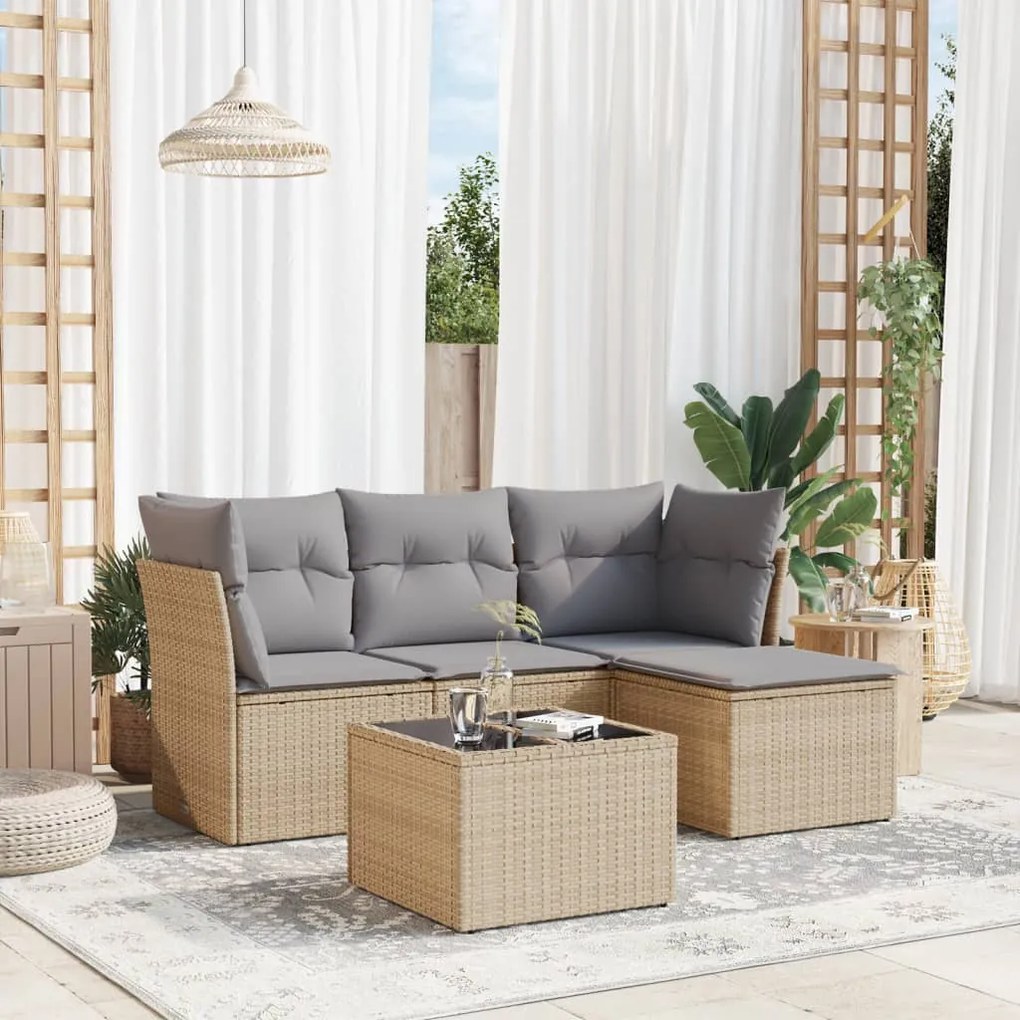 Set Divano da Giardino 5 pz con Cuscini Beige in Polyrattan