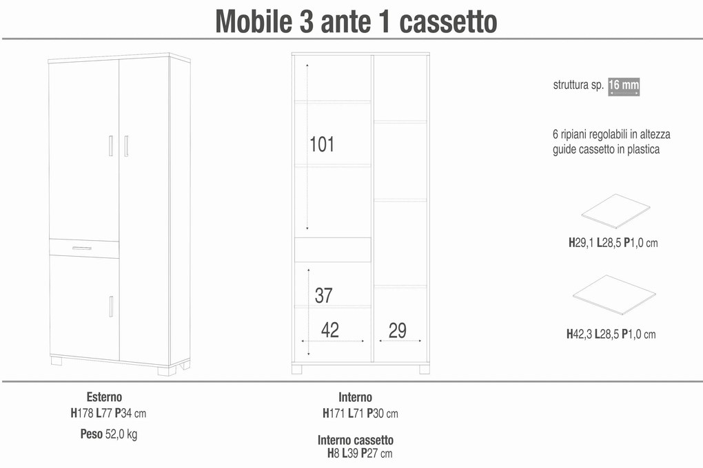 XEON - armadio con tre ante ed un cassetto