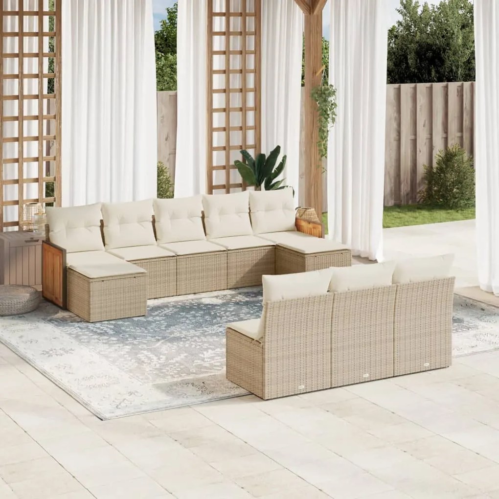 Set Divano da Giardino 10 pz con Cuscini Beige in Polyrattan