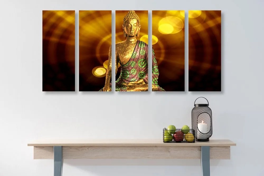 Quadri 5 pezzi – Statua di Buddha su sfondo astratto