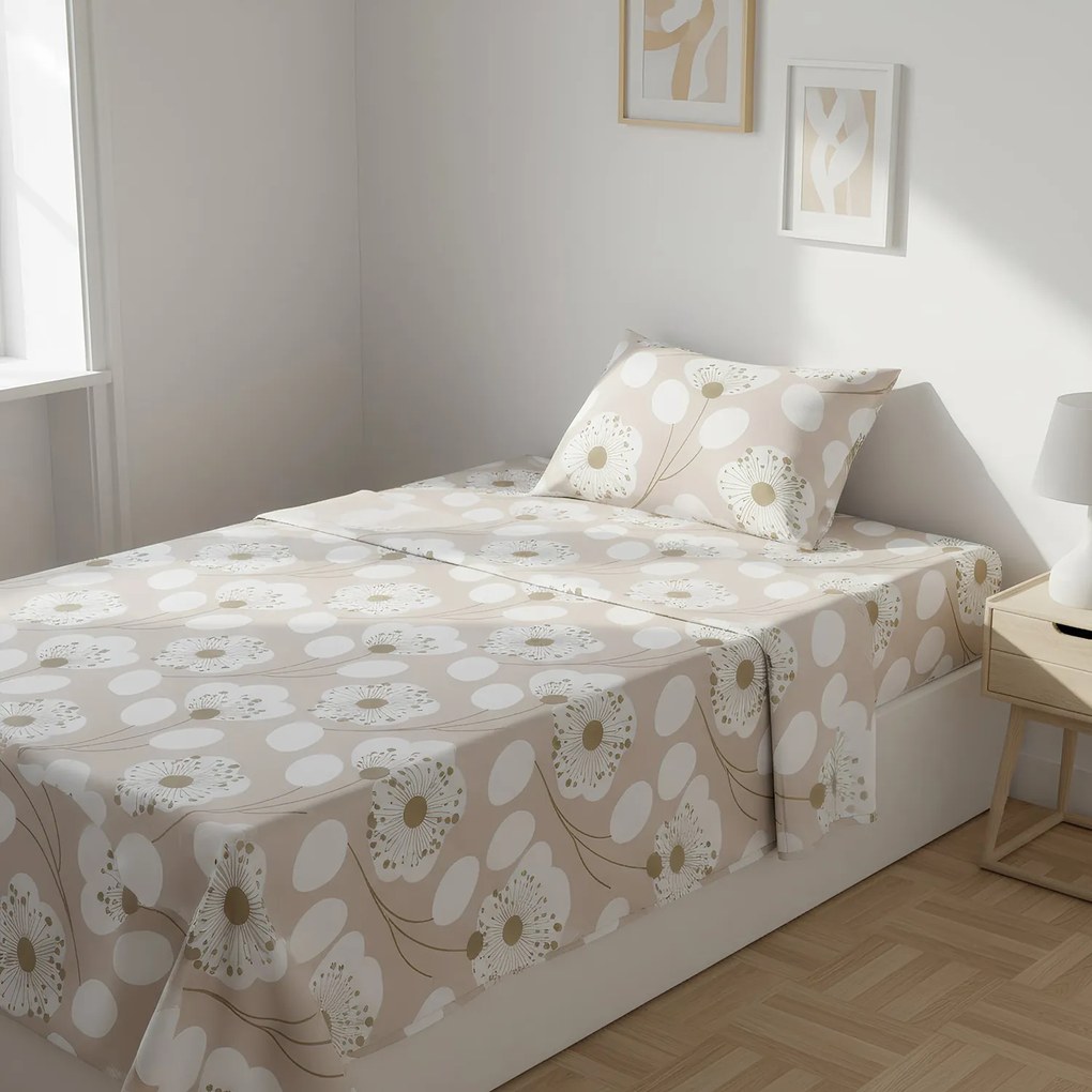 Completo letto 1 piazza e mezza beige fiori bianchi