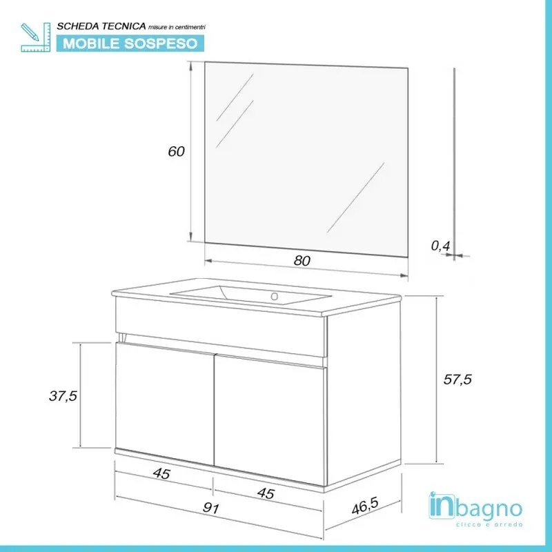 Composizione bagno sospesa 90 cm Duble bianco lucido con top e specchio