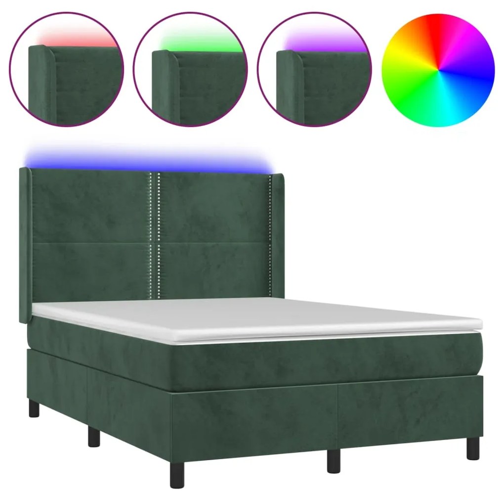 Letto a molle con materasso e led verde scuro 140x190cm velluto