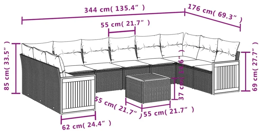 Set divani da giardino 11 pz con cuscini in polyrattan grigio