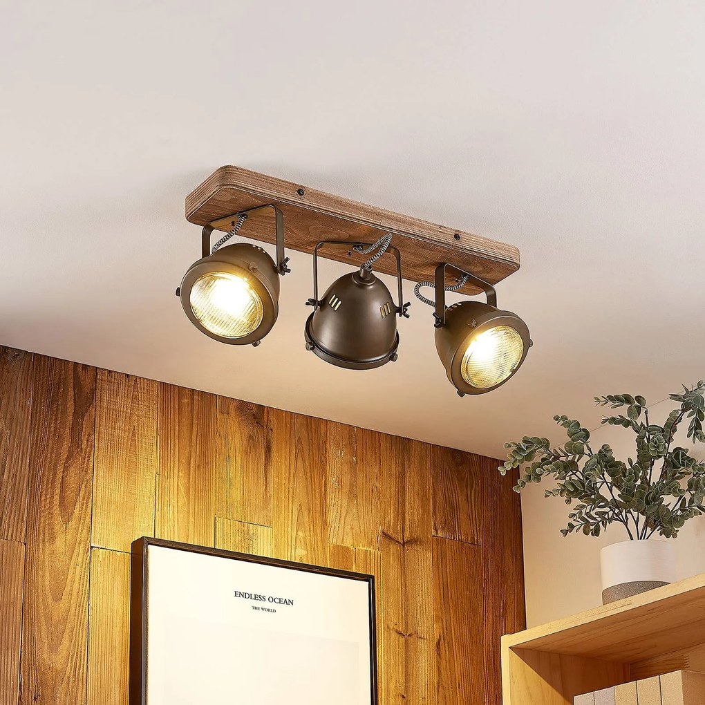 Faretto da soffitto Lindby Farovi, nero, 44 cm, a 3 luci, legno, GU10 Farovi Lindby, dimmerabile, Nero, Soggiorno / Sala da pranzo, Legno, Industriale, Faretto