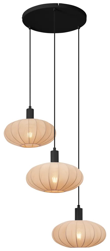 Lampada a sospensione Japandi nera con paralume in tessuto marrone a 3 luci - Bida
