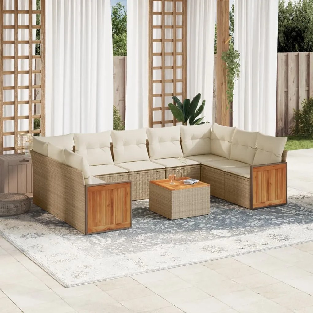 Set divano da giardino 10 pz con cuscini beige in polyrattan