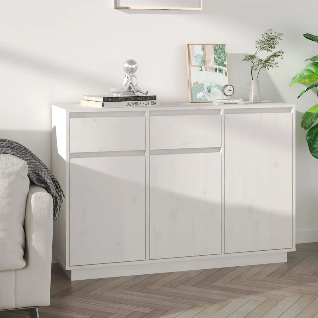 Credenza Bianca 110x34x75 Cm İn Legno Massello Di Pino /