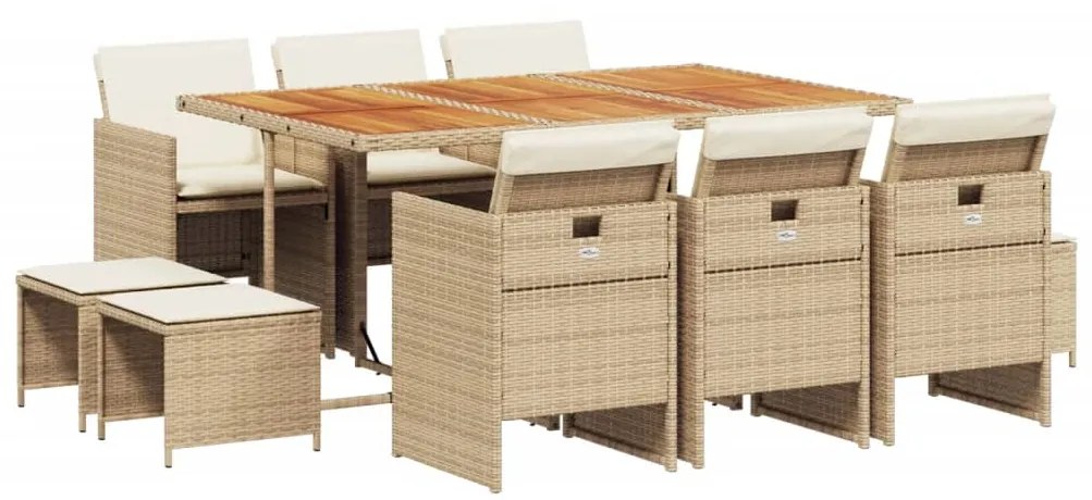 Set da pranzo da giardino 11 pz con cuscini beige in polyrattan