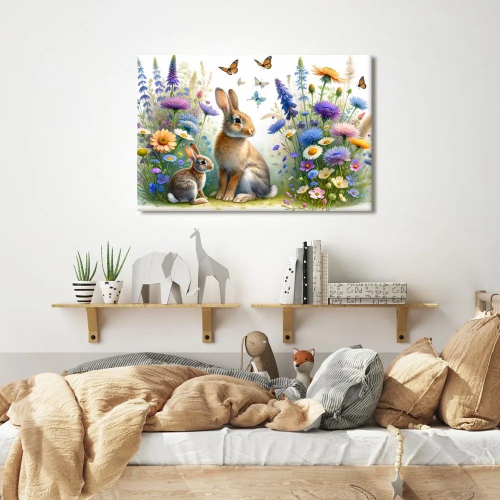 Quadro su tela – Coniglietti su prato fiorito di primavera