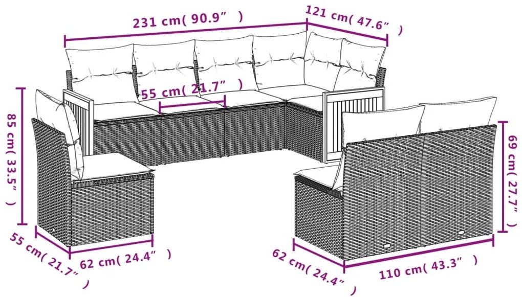 Set divani da giardino con cuscini 8 pz nero in polyrattan