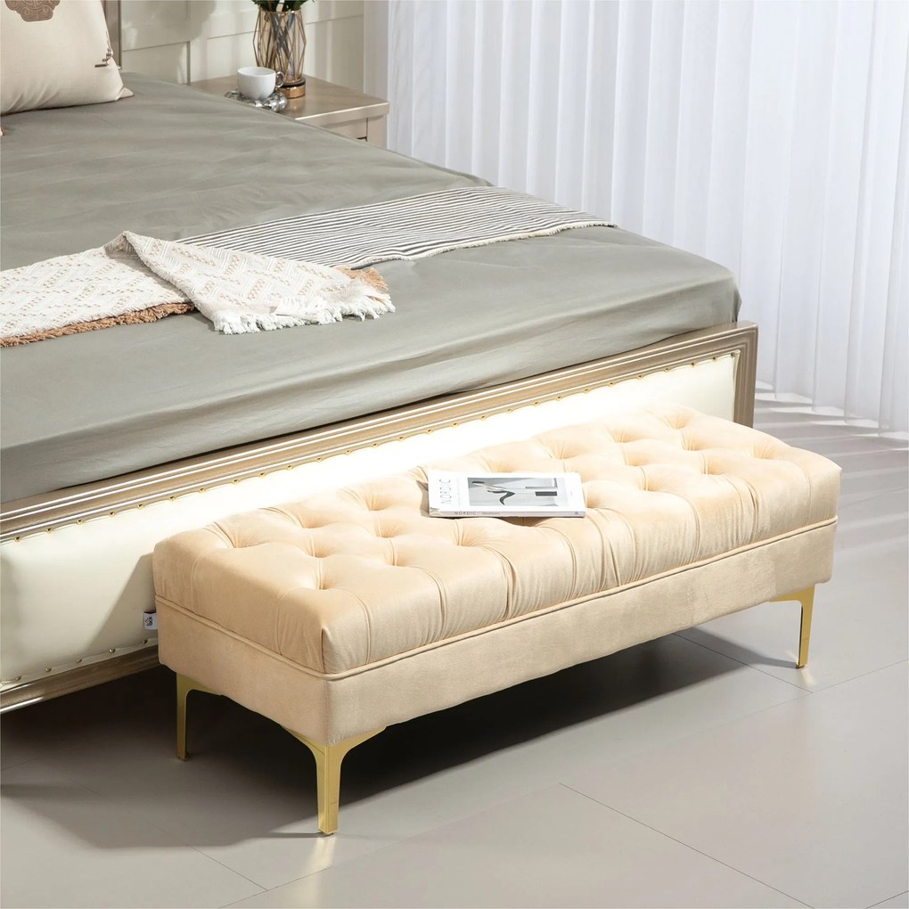 Panca Fondo Letto Imbottita con Rivestimento Trapuntato in Effetto Velluto 118x45x42 cm Beige...
