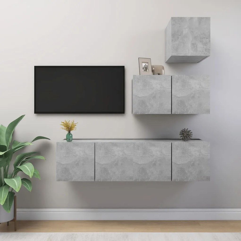 Set Di Mobili Porta Tv 4 Pz Grigio Cemento İn Legno Multistrato /