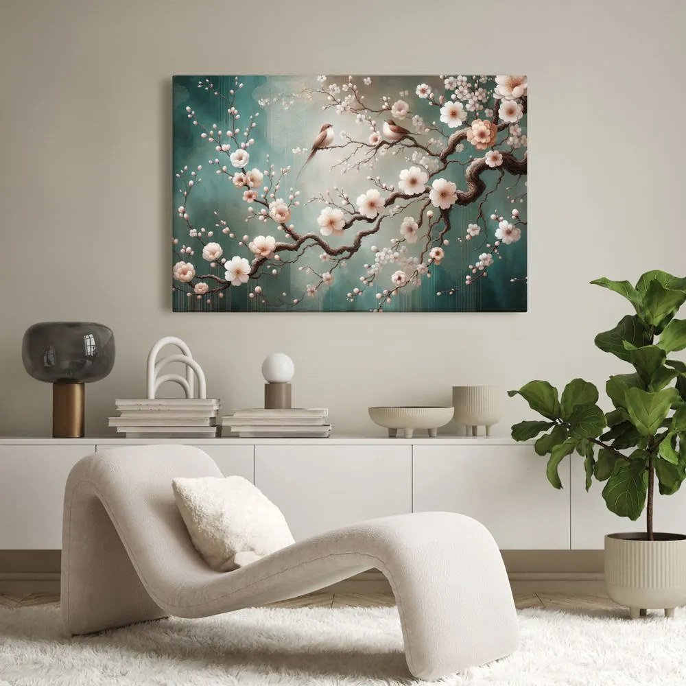 Quadro su tela – Uccellini su ramo di ciliegio