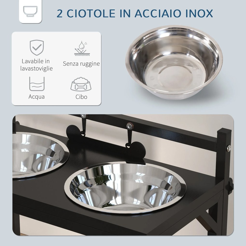 Portaciotole per Cani Rialzata con Altezza Regolabile 40,5x22x39 cm 2 Ciotole in Acciaio da 900ml Nero...
