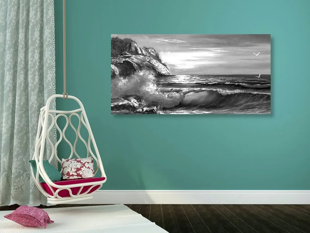 Quadro su tela – Onde marine sulla costa in bianco e nero