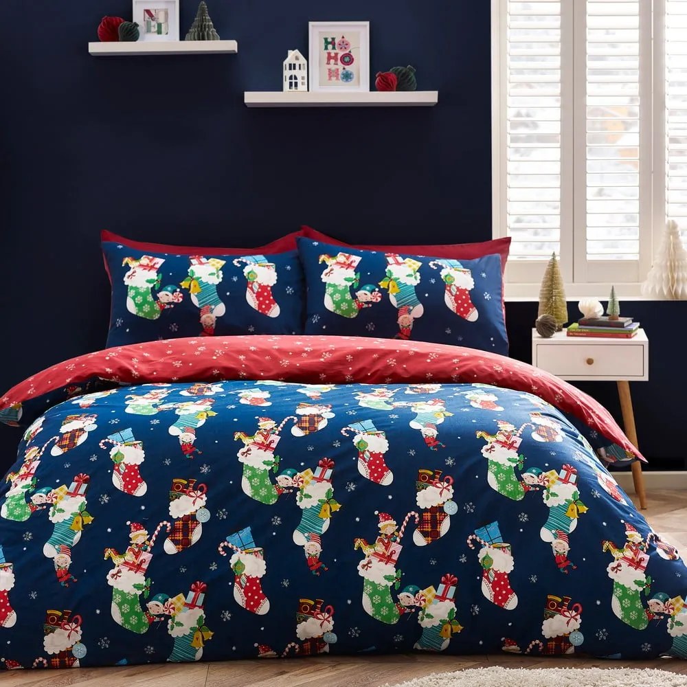 Set copripiumino e federa da bambini rosso e blu per letto matrimoniale 200x200 cm Christmas Elves – Catherine Lansfield