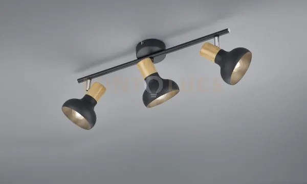 Latika barra 3 spots metallo nero ed effetto legno l. 47cm attacco e14