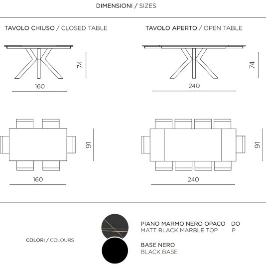 Tavolo allungabile a 240 cm in pietra effetto marmo Nero SKY
