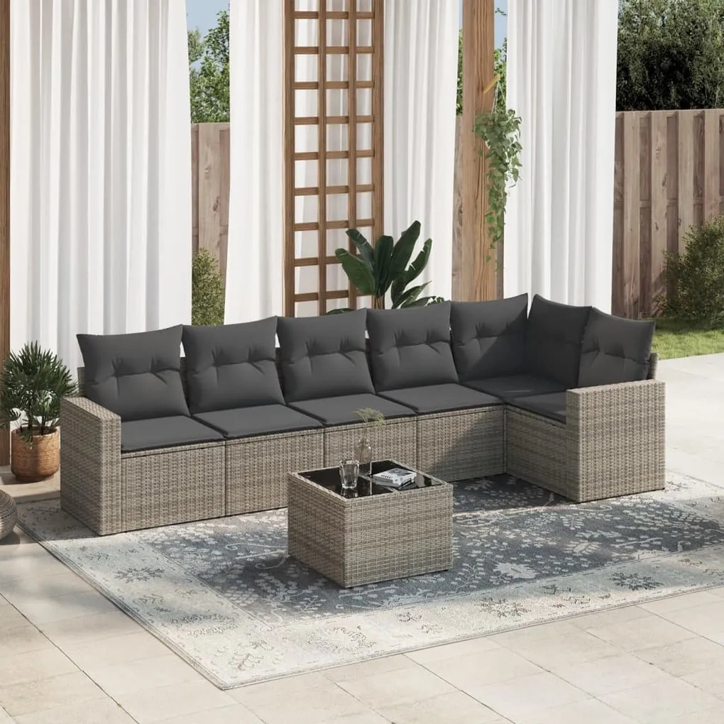 Set divani da giardino 7 pz con cuscini grigio in polyrattan