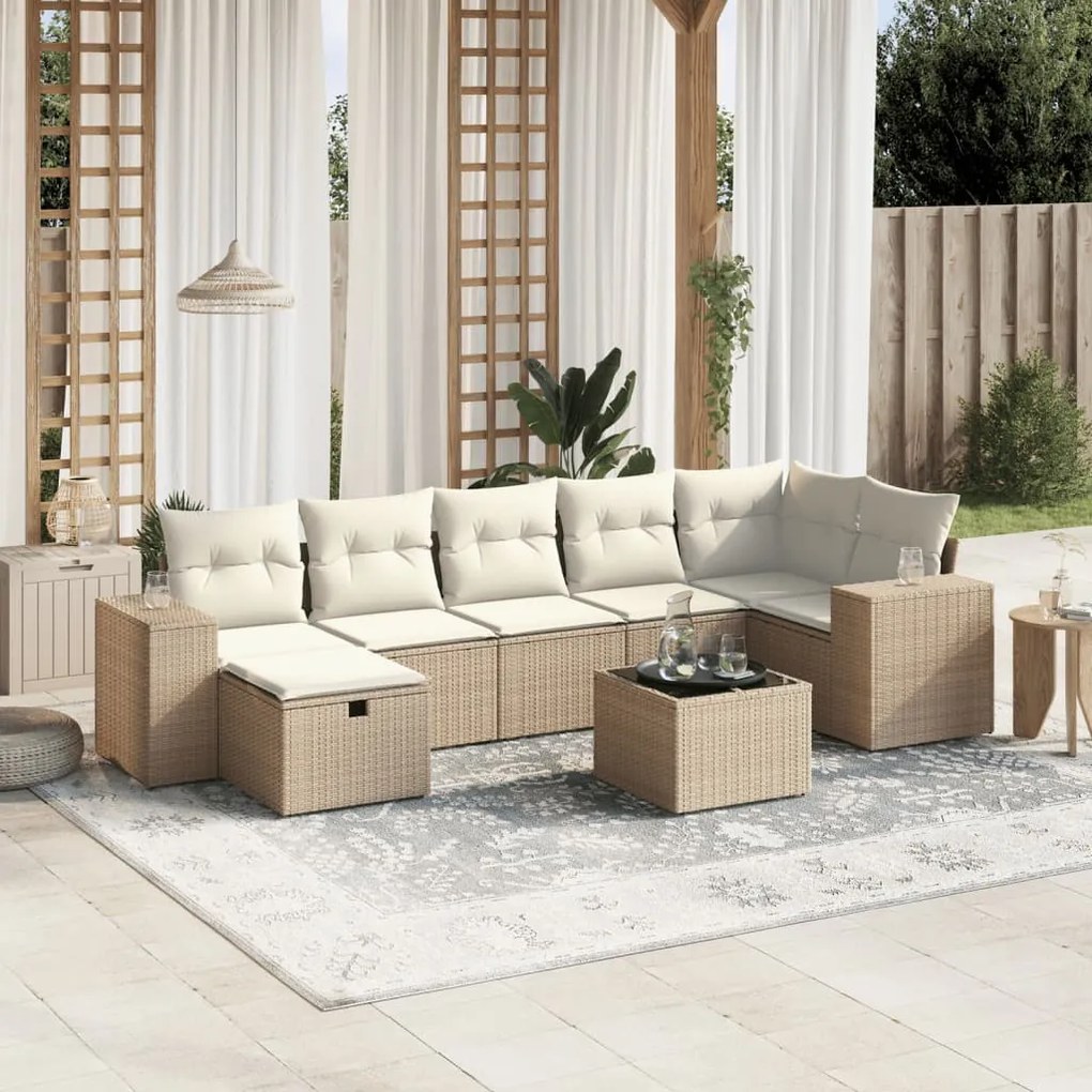 Set Divano da Giardino 8 pz con Cuscini Beige in Polyrattan