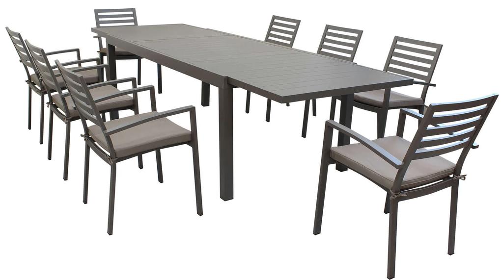 DEXTER - set tavolo in alluminio e teak cm 200/300 x 100 x 74 h con 8 poltrone Dexter