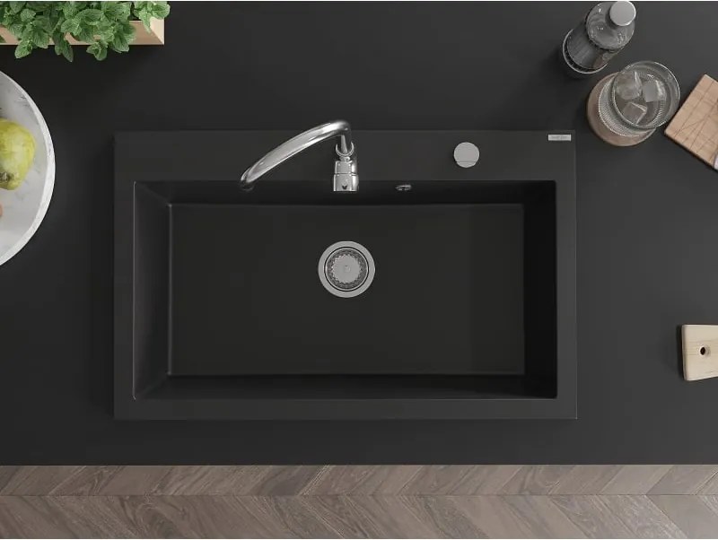 Mexen Elix lavello in granito 1-vasca 800 x 500 mm, nero, sifone cromato - 6527801005-77