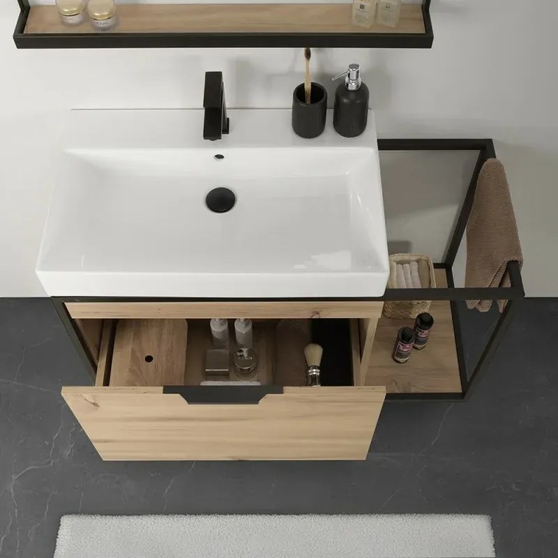 Mobile bagno sospeso 80 cm in legno e metallo nero con specchio Zante