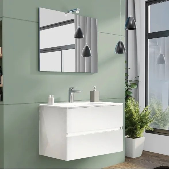 Mobile da bagno sospeso 80 cm con lavabo, specchio e led bianco lucido