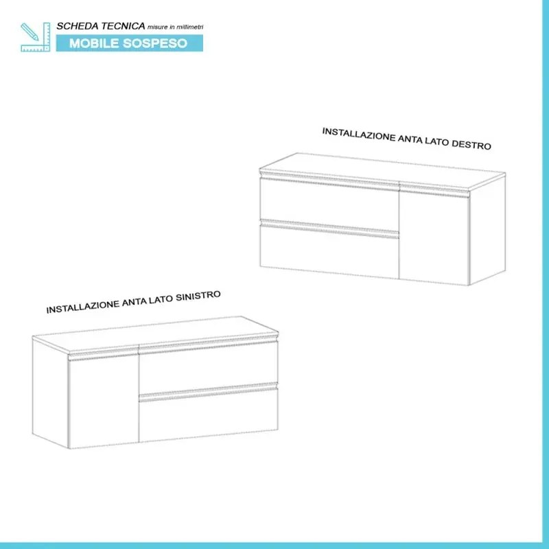 Mobile bagno sospeso 120 cm bianco opaco con anta e cassetti Master