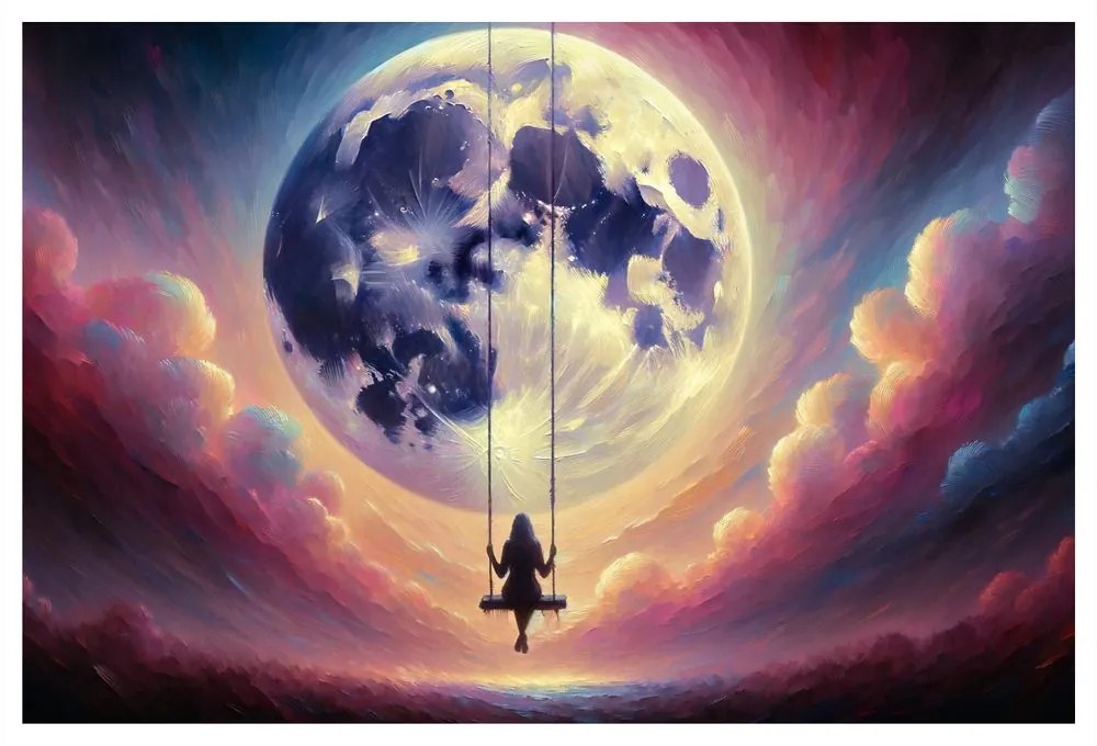 Quadro su tela – Ragazza sull’altalena sotto la luna