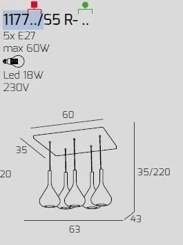 Sospensione ottone sat. 5 luci rettangolare vetri blu 1177os-s5 r-bl