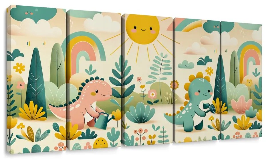 Quadri 5 pezzi – Dinosauri allegri in paesaggio arcobaleno
