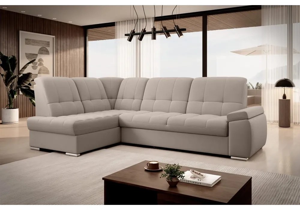 Divano angolare beige allungabile/con contenitore (con penisola a sinistra/a L) e rivestimento in velluto Sado – ELTAP