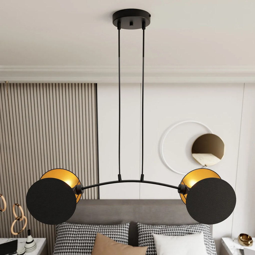 Lampada A Sospensione 2 Luci Moderna Nut In Acciaio Nero E Oro