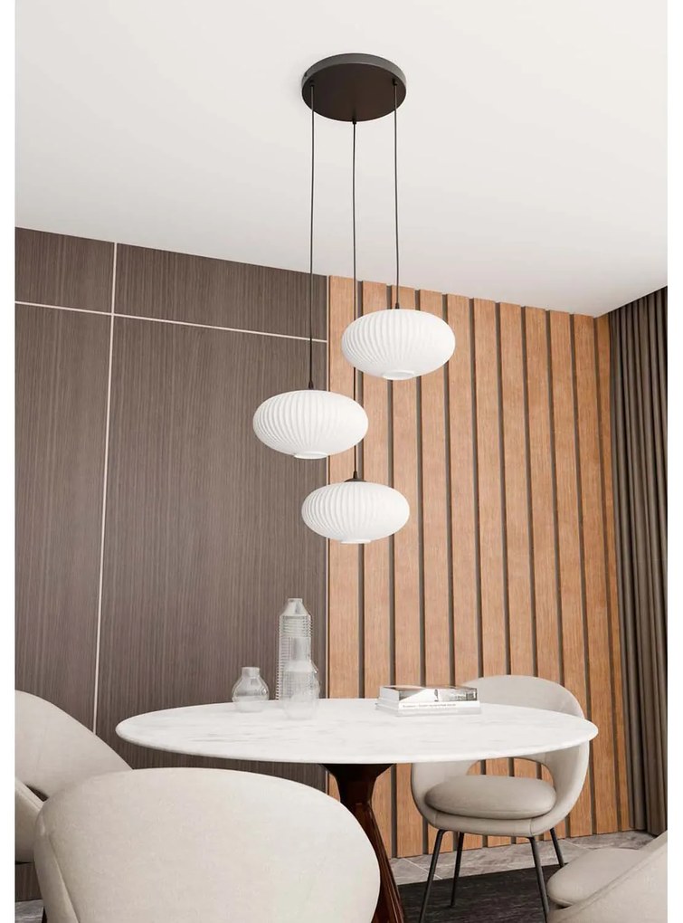 Lampadario 3 Luci Iris Base Tonda In Acciaio Nero Paralume Plissettato Bianco