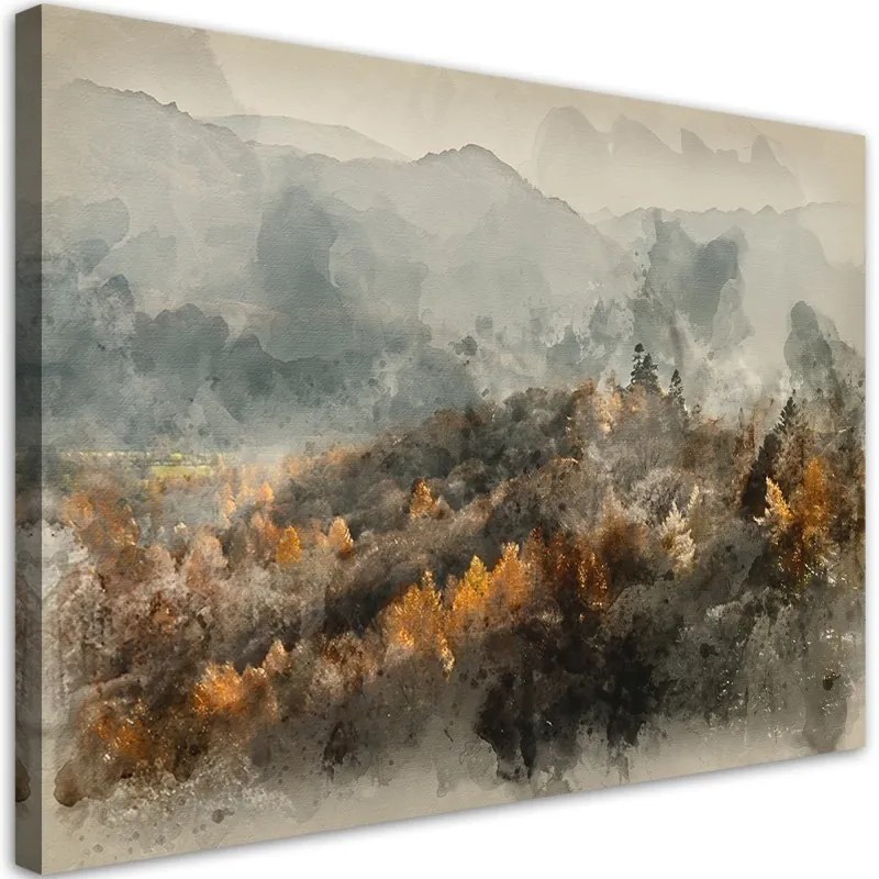 Quadro su tela, Foresta autunnale nella nebbia  Dimensioni Tappeti 60x40