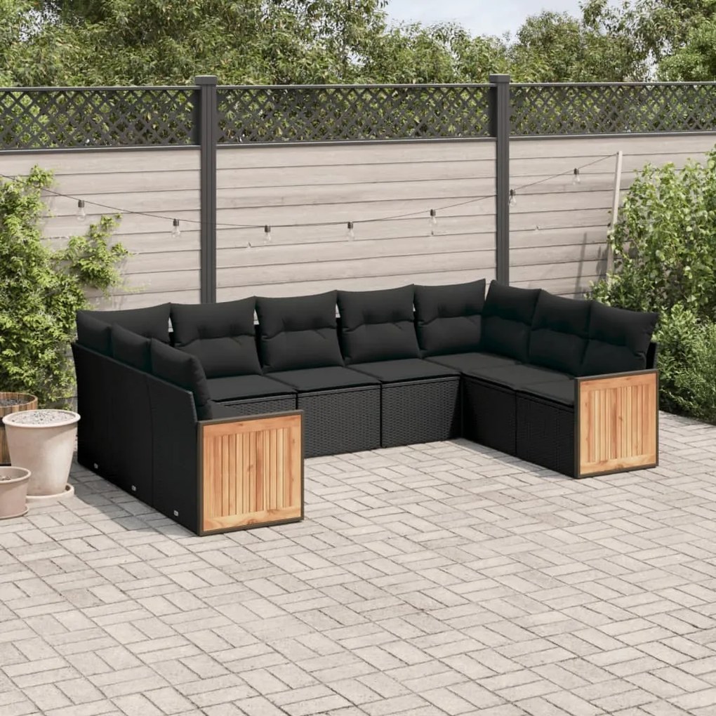 Set divani da giardino 9 pz con cuscini nero in polyrattan