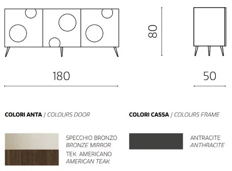 Madia con scocca Teak 180 cm e 3 ante rivestite in specchio Bronzo OHARA con 5 piedini