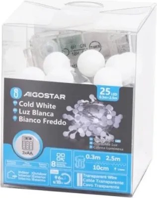 Aigostar - Catena luminosa LED per esterni, 25 LED, alimentazione 3x AA, 8 funzioni, 2,8 m, IP44, bianco freddo
