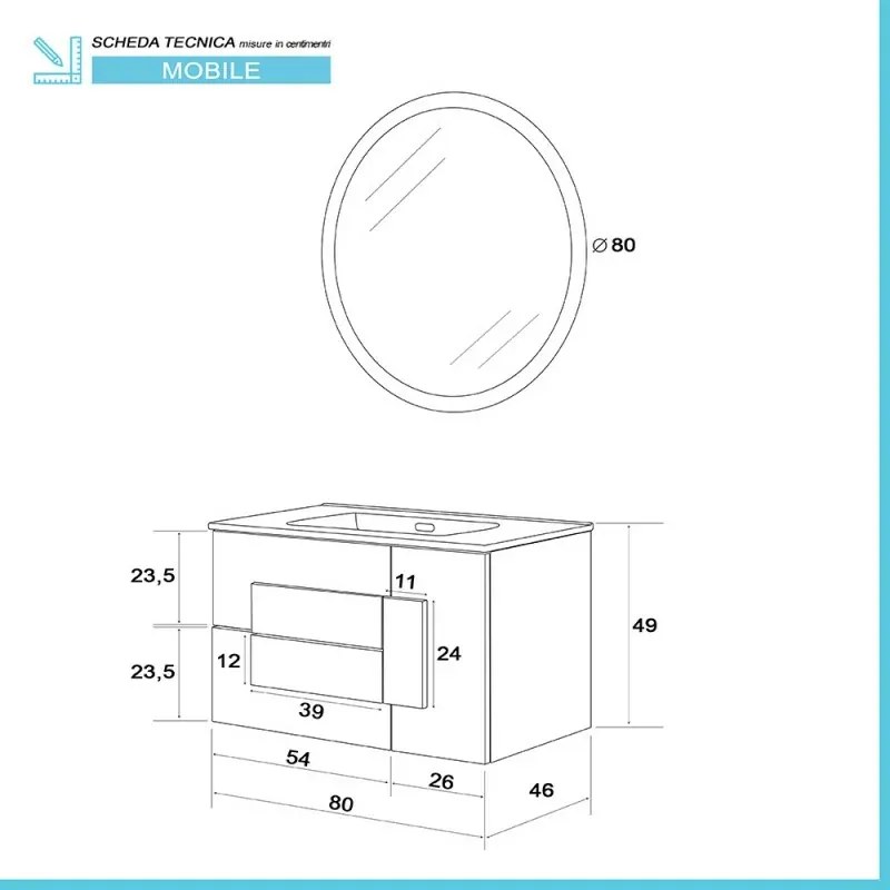 Mobile Bagno Sospeso Effetto Legno 80x47 cm con Specchio Tondo