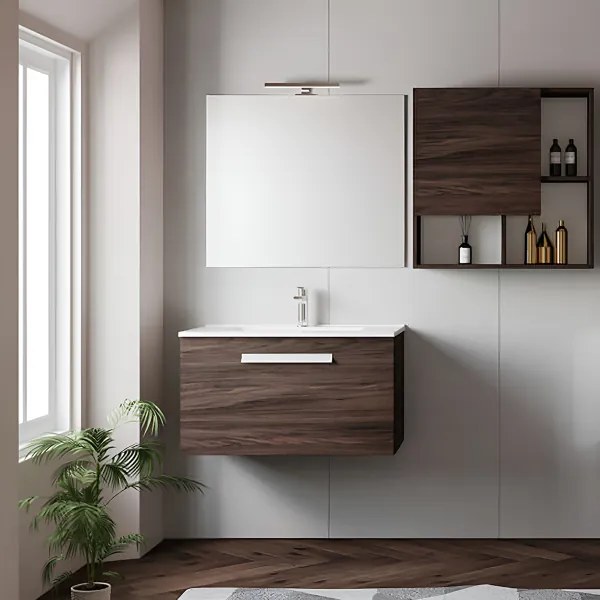 Mobile bagno sospeso 82 cm con lavabo in ceramica AURA1 Olmo Caffč