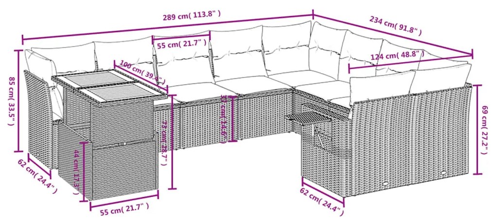 Set divani da giardino 10pz con cuscini in polyrattan nero