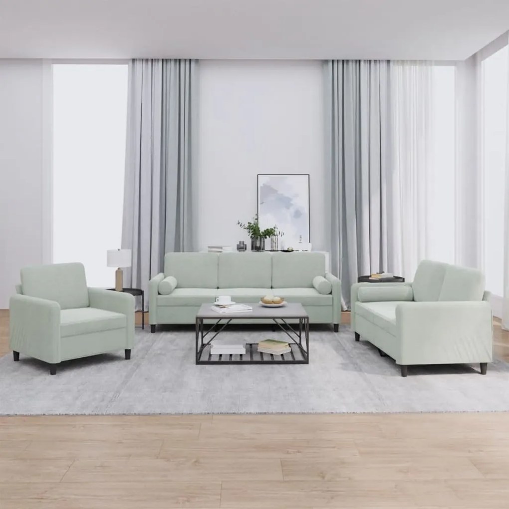 Set Di Divani 3 Pz Con Cuscini Grigio Chiaro İn Velluto /